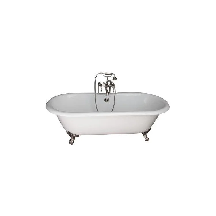 Tub Kit Columbus Freestanding 61 Inch Cast Iron White Includes Brushed Nickel Tub Filler with Handshower 30 Inch Freestanding Bath Supplies & Leg Tub Drain Imperial Feet Elephant Spout Finial Metal Cross Handles Cradle 60 Inch Hose 60 Gallon Capacity