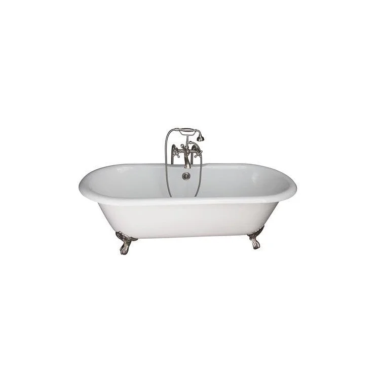 Tub Kit Columbus Freestanding 61 Inch Cast Iron White Includes Brushed Nickel Tub Filler with Handshower 30 Inch Freestanding Bath Supplies & Leg Tub Drain Imperial Feet Elephant Spout Metal Cross Handles Cradle 60 Inch Hose 60 Gallon Capacity