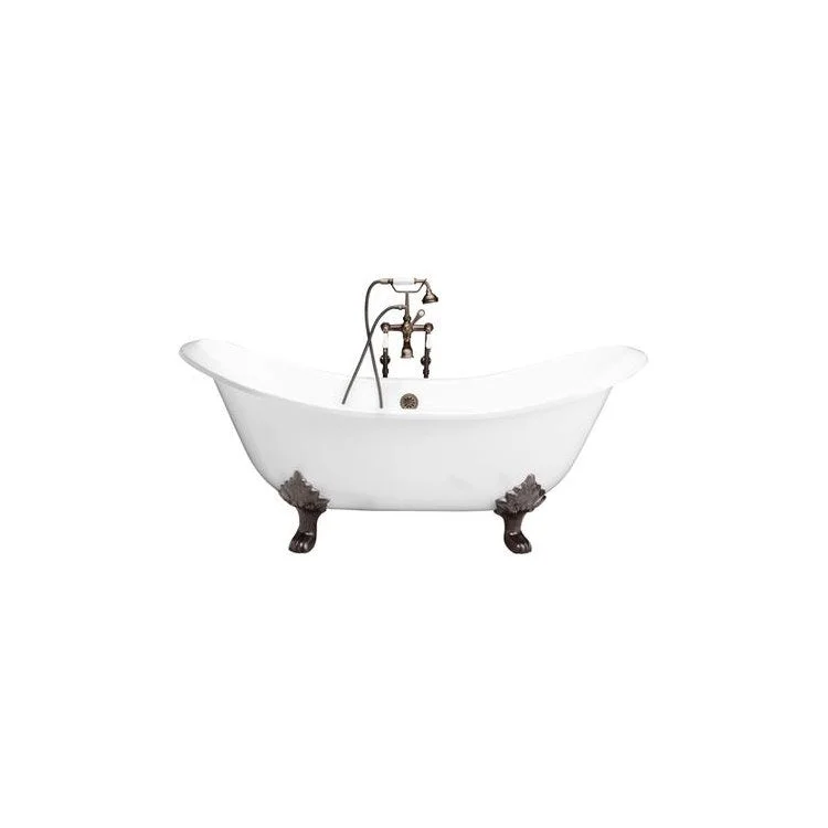 Tub Kit Marshall 72 Inch Cast Iron White Kit Includes Oil Rubbed Bronze Tub Filler with Telephone Style Handshower 24 Inch Straight Bath Supplies and Tub Drain Non-Skid Strips Oil Rubbed Lion Paw Feet Elephant Spout Porcelain Lever Cradle Hose