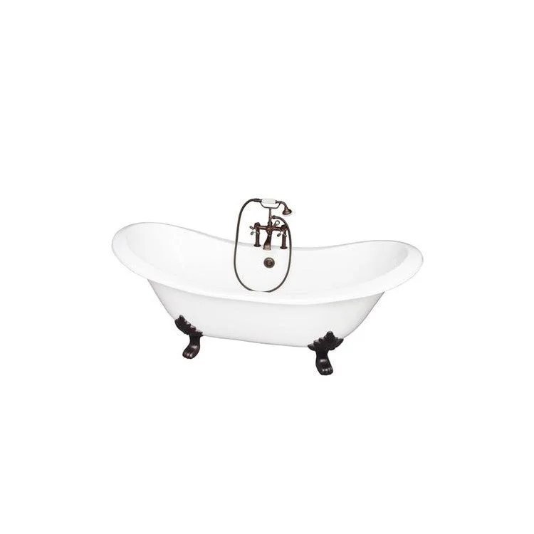 Tub Kit Marshall 72 Inch Cast Iron White Kit Includes Oil Rubbed Bronze Tub Filler with Telephone Style Handshower 24 Inch Straight Bath Supplies and Tub Drain Non-Skid Strips Oil Rubbed Lion Paw Feet Elephant Spout Metal Cross Cradle Hose