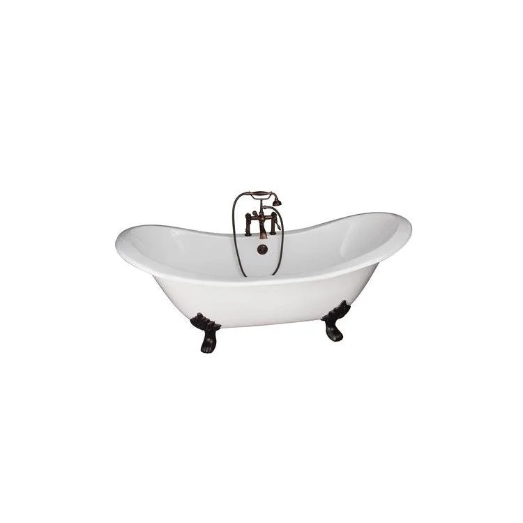 Tub Kit Marshall 72 Inch Cast Iron White Kit Includes Oil Rubbed Bronze Tub Filler with Telephone Style Handshower 24 Inch Straight Bath Supplies and Tub Drain Non-Skid Strips Lion Paw Feet Elephant Spout Metal Lever Cradle Hose