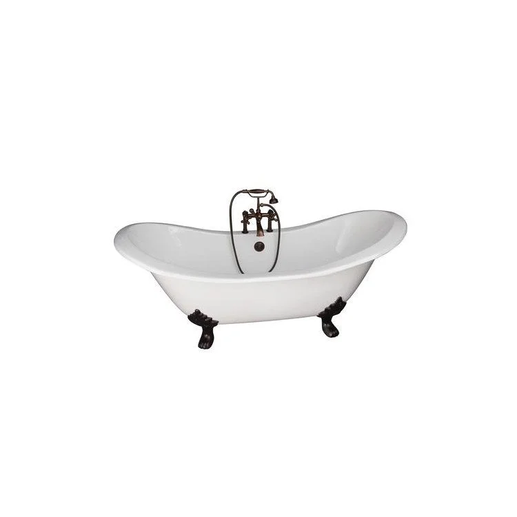 Tub Kit Marshall 72 Inch Cast Iron White Kit Includes Oil Rubbed Bronze Tub Filler with Telephone Style Handshower 24 Inch Straight Bath Supplies and Tub Drain Non-Skid Strips Lion Paw Feet Elephant Spout Metal Cross Cradle Hose