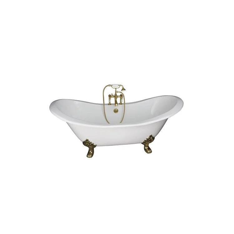 Tub Kit Marshall 72 Inch Cast Iron White Kit Includes Polished Brass Tub Filler with Telephone Style Handshower 24 Inch Straight Bath Supplies and Tub Drain Non-Skid Strips Lion Paw Feet Elephant Spout Porcelain Lever Cradle Hose