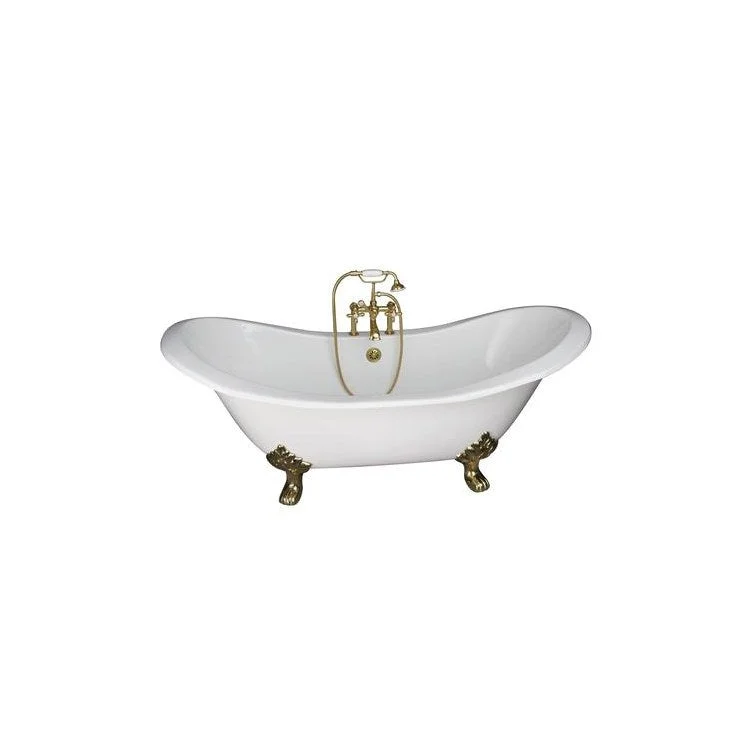 Tub Kit Marshall 72 Inch Cast Iron White Kit Includes Polished Brass Tub Filler with Telephone Style Handshower 24 Inch Straight Bath Supplies and Tub Drain Non-Skid Strips Lion Paw Feet Elephant Spout Metal Cross Cradle Hose