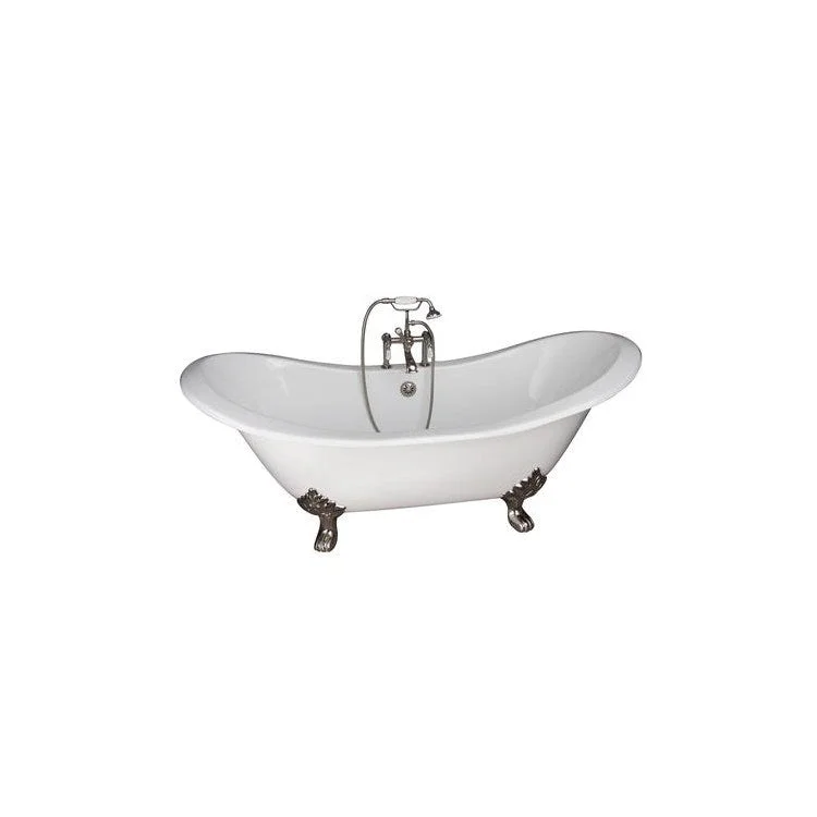 Tub Kit Marshall 72 Inch Cast Iron White Kit Includes Polished Nickel Tub Filler with Telephone Style Handshower 24 Inch Straight Bath Supplies and Tub Drain Non-Skid Strips Lion Paw Feet Elephant Spout Porcelain Lever Cradle Hose