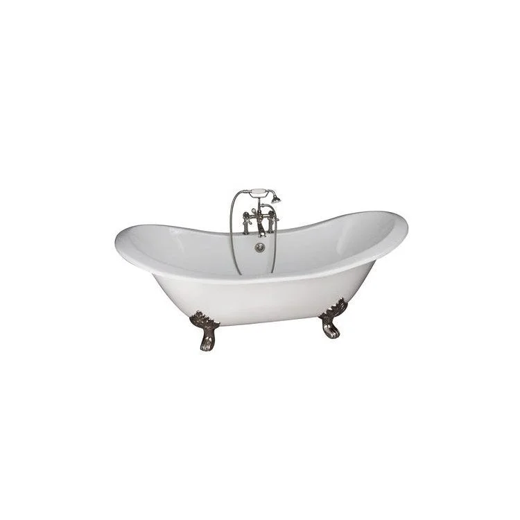 Tub Kit Marshall 72 Inch Cast Iron White Kit Includes Polished Nickel Tub Filler with Telephone Style Handshower 24 Inch Straight Bath Supplies and Tub Drain Non-Skid Strips Lion Paw Feet Elephant Spout Metal Cross Cradle Hose