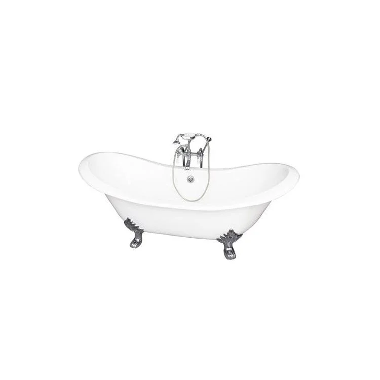 Tub Kit Marshall 72 Inch Cast Iron White Kit Includes Polished Chrome Tub Filler with Handshower 30 Inch Freestanding Bath Supplies and Tub Drain Non-Skid Strips Ball and Claw Feet Elephant Spout Porcelain Lever Cradle Hose