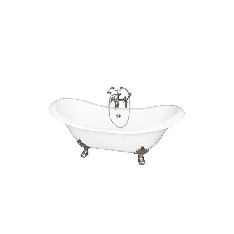 Tub Kit Marshall 72 Inch Cast Iron White Kit Includes Brushed Nickel Tub Filler with Handshower 30 Inch Freestanding Bath Supplies and Tub Drain Non-Skid Strips Ball and Claw Feet Elephant Spout Porcelain Lever Cradle Hose