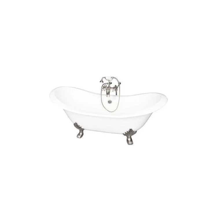 Tub Kit Marshall 72 Inch Cast Iron White Kit Includes Brushed Nickel Tub Filler with Handshower 30 Inch Freestanding Bath Supplies and Tub Drain Non-Skid Strips Ball and Claw Feet Elephant Spout Metal Cross Cradle Hose