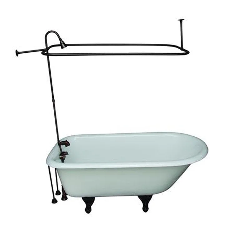 Tub Kit Bartlett 60 Inch Cast Iron White Kit Includes Oil Rubbed Bronze Tub Filler 56 Inch Riser Showerhead Rectangular Shower Ring 24 Inch Double Offset Tub Supplies and Tub Drain Non-Skid Strips Ball and Claw Feet Lever 48 Inch Rectangular Shower Rod