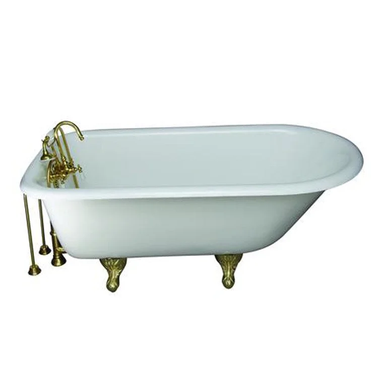 Tub Kit Bartlett 60 Inch Cast Iron White Kit Includes Polished Brass Tub Filler with Telephone Style Handshower 24 Inch Double Offset Tub Supplies and Tub Drain Non-Skid Strips Ball and Claw Feet Gooseneck Spout Porcelain Lever Cradle Hose