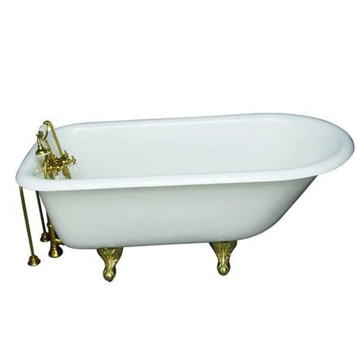 Tub Kit Bartlett 60 Inch Cast Iron White Kit Includes Polished Brass Tub Filler with Telephone Style Handshower 24 Inch Double Offset Tub Supplies and Tub Drain Non-Skid Strips Ball and Claw Feet Old Style Spigot Porcelain Lever Cradle Hose