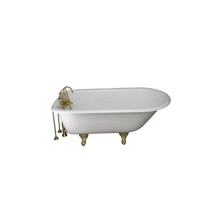 Tub Kit Duet 68 Inch Cast Iron White Kit Includes Polished Brass Tub Filler with Telephone Style Handshower 24 Inch Double Offset Tub Supplies and Tub Drain Non-Skid Strips Ball and Claw Feet Gooseneck Spout Porcelain Lever Cradle Hose