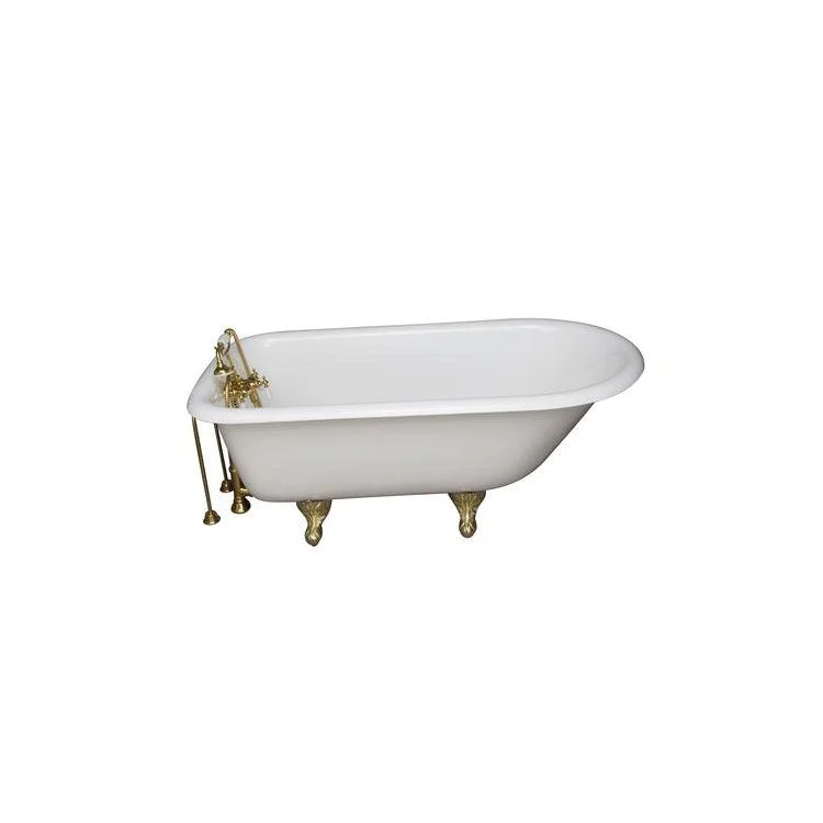 Tub Kit Duet 68 Inch Cast Iron White Kit Includes Polished Brass Tub Filler with Telephone Style Handshower 24 Inch Double Offset Tub Supplies and Tub Drain Non-Skid Strips Ball and Claw Feet Old Style Spigot Porcelain Lever Cradle Hose