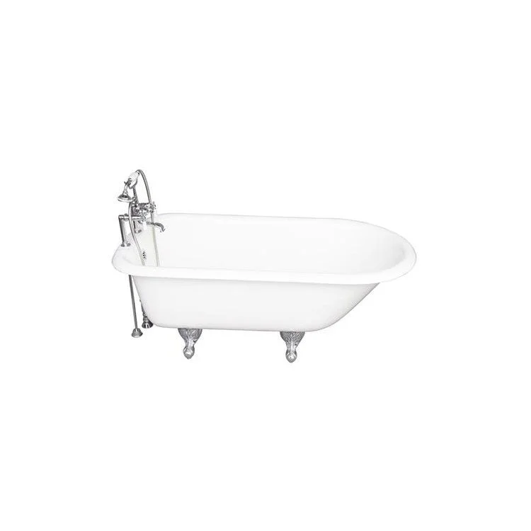 Tub Kit Beecher 60 Inch Cast Iron White Kit Includes Polished Chrome Tub Filler with Handshower 24 Inch Double Offset Tub Supplies and Tub Drain Non-Skid Strips Ball and Claw Feet Elephant Spout Porcelain Lever Cradle Hose