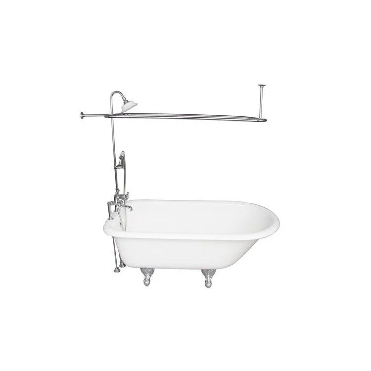 Tub Kit Beecher 60 Inch White Kit Includes Polished Chrome Tub Filler with Handshower 62 Inch Riser Sunflower Showerhead Rectangular Ring 24 Inch Double Offset Tub Supplies Tub Drain Non-Skid Strips Ball Claw Feet Elephant Spout Metal Cross Cradle Hose