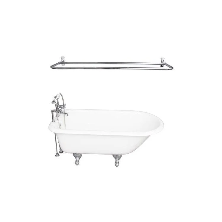 Tub Kit Beecher 60 Inch Cast Iron White Kit Includes Polished Chrome Tub Filler with Handshower 54 Inch D Shower Rod Rectangular Shower Ring 24 Inch Double Offset Tub Supplies Tub Drain Non-Skid Strips Ball Claw Feet Elephant Spout Metal Cross Cradle Hose