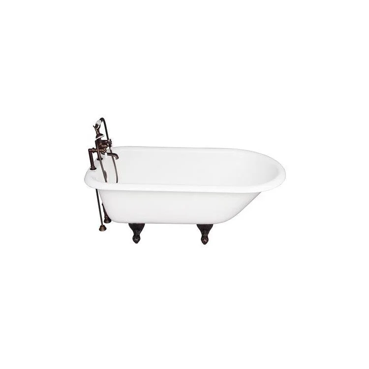 Tub Kit Beecher 60 Inch Cast Iron White Kit Includes Oil Rubbed Bronze Tub Filler with Handshower 24 Inch Double Offset Tub Supplies and Tub Drain Non-Skid Strips Ball and Claw Feet Elephant Spout Porcelain Lever Cradle Hose