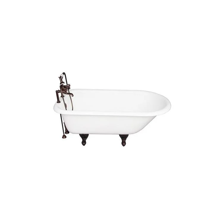 Tub Kit Beecher 60 Inch Cast Iron White Kit Includes Oil Rubbed Bronze Tub Filler with Handshower 24 Inch Double Offset Tub Supplies and Tub Drain Non-Skid Strips Ball and Claw Feet Elephant Spout Metal Cross Cradle Hose