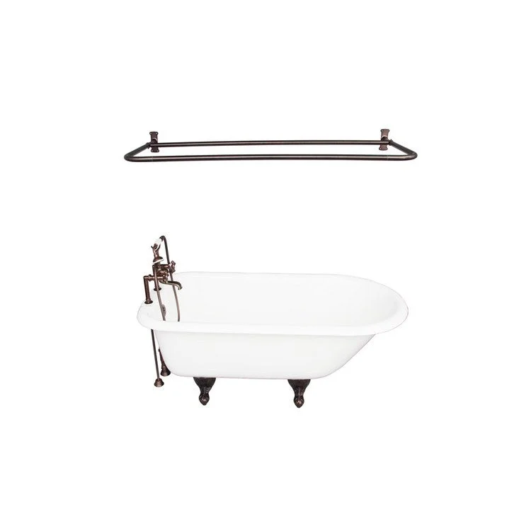 Tub Kit Beecher 60 Inch Cast Iron White Kit Includes Oil Rubbed Bronze Tub Filler Handshower 54 Inch D Shower Rod Rectangular Shower Ring 24 Inch Double Offset Tub Supplies Tub Drain Non-Skid Strips Ball Claw Feet Elephant Spout Metal Cross Cradle Hose