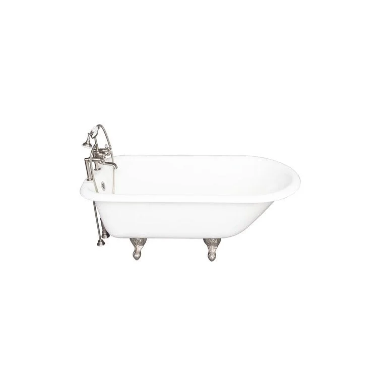 Tub Kit Beecher 60 Inch Cast Iron White Kit Includes Brushed Nickel Tub Filler with Handshower 24 Inch Double Offset Tub Supplies and Tub Drain Non-Skid Strips Ball and Claw Feet Elephant Spout Metal Cross Cradle 60in Hose