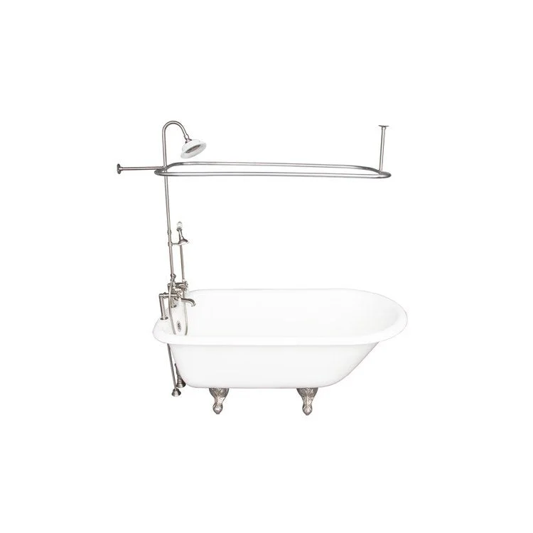 Tub Kit Beecher 60 Inch White Kit Includes Brushed Nickel Tub Filler with Handshower 62 Inch Riser Sunflower Showerhead Rectangular Ring 24 Inch Double Offset Tub Supplies Tub Drain Non-Skid Strips Ball Claw Feet Elephant Spout Porcelain Lever Cradle Hose