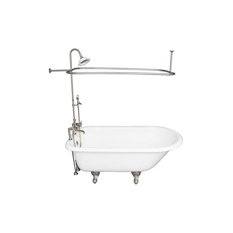 Tub Kit Beecher 60 Inch White Kit Includes Brushed Nickel Tub Filler Handshower 54 Inch D Shower Rod 62 Inch Riser Sunflower Showerhead Ring 24 Inch Double Offset Tub Supplies Tub Drain Non-Skid Strips Ball Claw Feet Elephant Spout Cross Cradle Hose