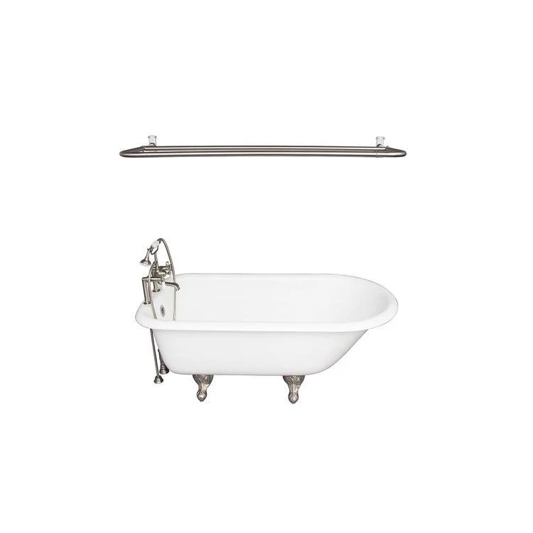 Tub Kit Beecher 60 Inch White Kit Includes Brushed Nickel Tub Filler with Handshower 54 Inch D Shower Rod Rectangular Shower Ring 24 Inch Double Offset Tub Supplies Tub Drain Non-Skid Strips Ball Claw Feet Elephant Spout Porcelain Lever Cradle Hose