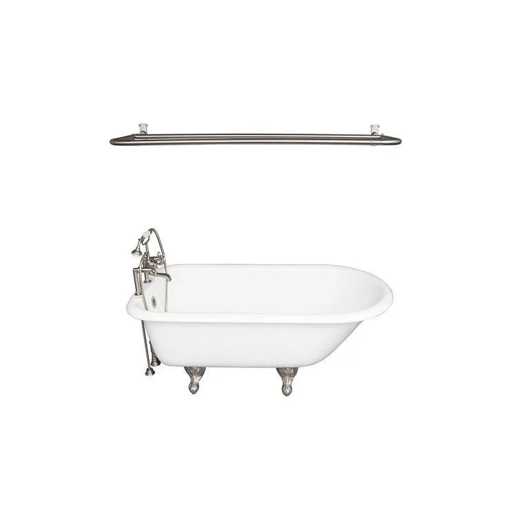 Tub Kit Beecher 60 Inch Cast Iron White Kit Includes Brushed Nickel Tub Filler with Handshower Rectangular Shower Ring 24 Inch Double Offset Tub Supplies and Tub Drain Non-Skid Strips Ball and Claw Feet Elephant Spout Metal Cross Cradle Hose