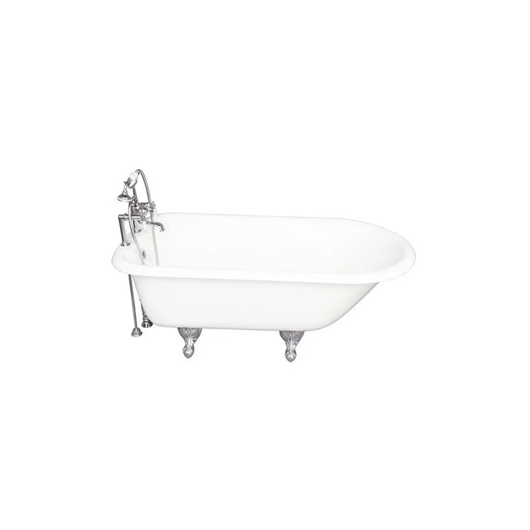 Tub Kit Cadmus 67 Inch Cast Iron White Kit Includes Polished Chrome Tub Filler with Handshower 24 Inch Double Offset Tub Supplies and Tub Drain Non-Skid Strips Ball and Claw Feet Elephant Spout Porcelain Lever Cradle Hose