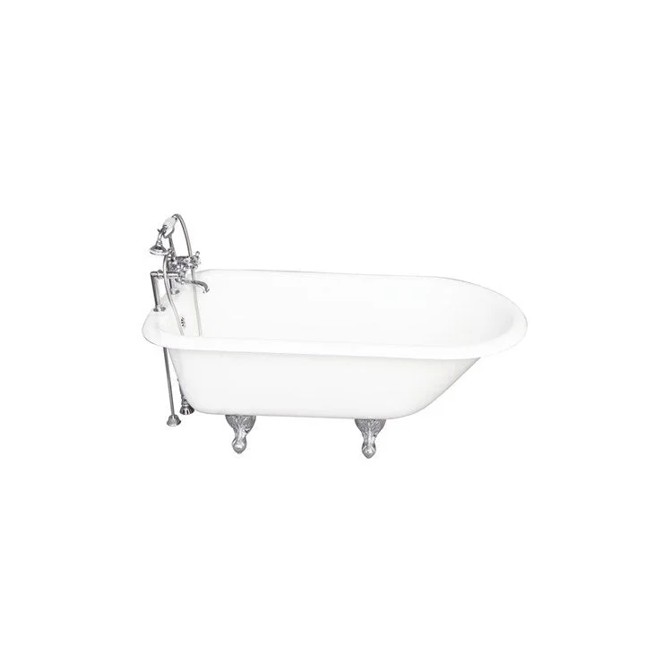 Tub Kit Cadmus 67 Inch Cast Iron White Kit Includes Polished Chrome Tub Filler with Handshower 24 Inch Double Offset Tub Supplies and Tub Drain Non-Skid Strips Ball and Claw Feet Elephant Spout Metal Cross Cradle Hose