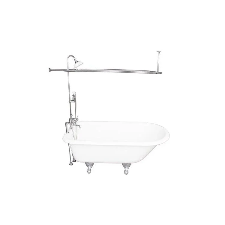 Tub Kit Cadmus 67 Inch White Kit Includes Polished Chrome Tub Filler with Handshower 62 Inch Riser Sunflower Showerhead Rectangular Shower Ring 24 Inch Double Offset Tub Supplies Tub Drain Non-Skid Strips Ball Claw Feet Elephant Spout Cross Cradle Hose