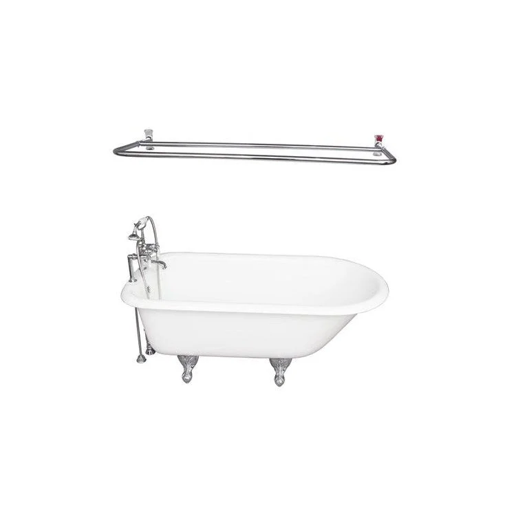 Tub Kit Cadmus 67 Inch Cast Iron White Kit Includes Polished Chrome Tub Filler with Handshower Rectangular Shower Ring 24 Inch Double Offset Tub Supplies and Tub Drain Non-Skid Strips Ball and Claw Feet Elephant Spout Porcelain Lever Cradle Hose