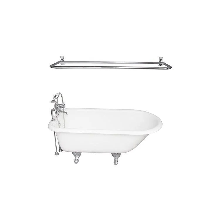 Tub Kit Cadmus 67 Inch Cast Iron White Kit Includes Polished Chrome Tub Filler with Handshower Rectangular Shower Ring 24 Inch Double Offset Tub Supplies and Tub Drain Non-Skid Strips Ball and Claw Feet Elephant Spout Metal Cross Cradle Hose