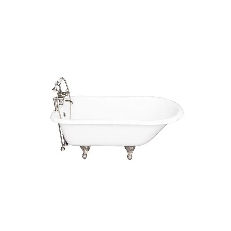 Tub Kit Cadmus 67 Inch Cast Iron White Kit Includes Brushed Nickel Tub Filler with Handshower 24 Inch Double Offset Tub Supplies and Tub Drain Non-Skid Strips Ball and Claw Feet Elephant Spout Porcelain Lever Cradle Hose