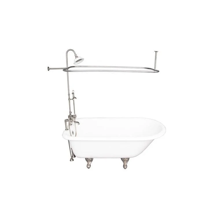 Tub Kit Cadmus 67 Inch White Kit Includes Brushed Nickel Tub Filler with Handshower 62 Inch Riser Sunflower Showerhead Rectangular Ring 24 Inch Double Offset Tub Supplies Tub Drain Non-Skid Strips Ball Claw Feet Elephant Spout Porcelain Lever Cradle Hose