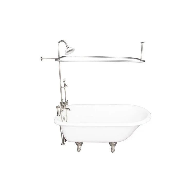 Tub Kit Cadmus 67 Inch White Kit Includes Brushed Nickel Tub Filler with Handshower 62 Inch Riser Sunflower Showerhead Rectangular Shower Ring 24 Inch Double Offset Tub Supplies Tub Drain Non-Skid Strips Ball Claw Feet Elephant Spout Cross Cradle Hose