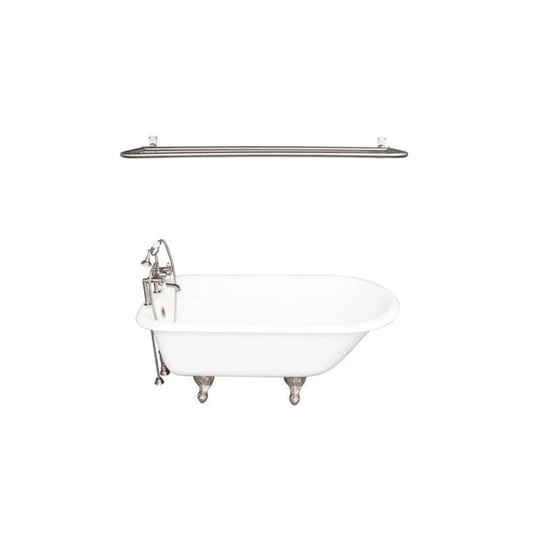 Tub Kit Cadmus 67 Inch White Kit Includes Brushed Nickel Tub Filler with Handshower 60 Inch D Shower Rod Rectangular Shower Ring 24 Inch Double Offset Tub Supplies and Tub Drain Non-Skid Strips Ball and Claw Feet Elephant Spout Porcelain Lever Cradle Hose