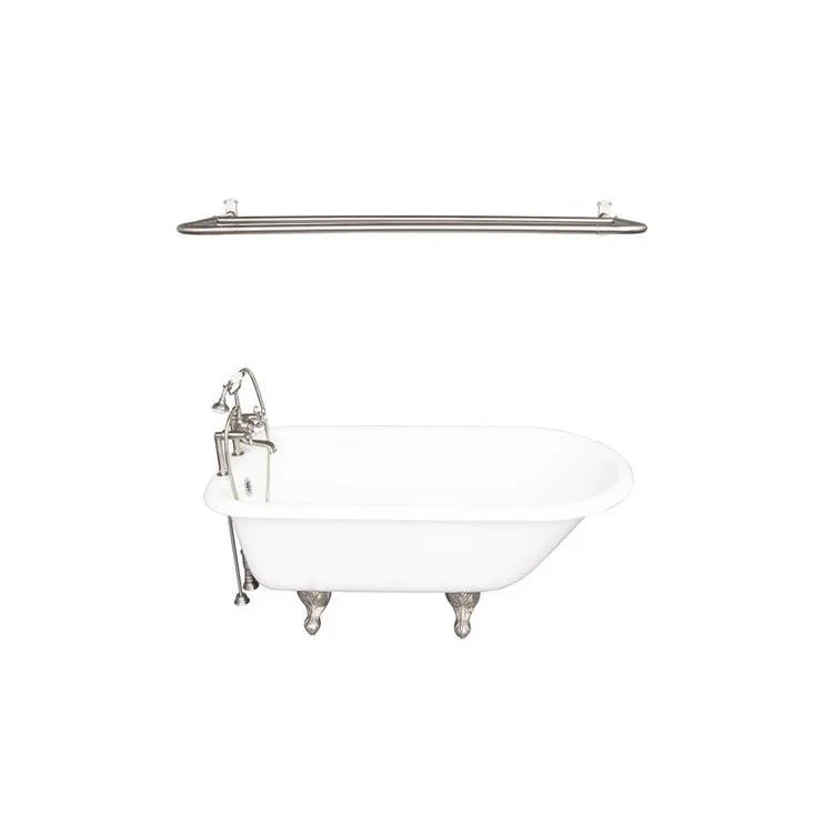 Tub Kit Cadmus 67 Inch Cast Iron White Kit Includes Brushed Nickel Tub Filler with Handshower 60 Inch D Shower Rod Rectangular Shower Ring 24 Inch Double Offset Tub Supplies and Tub Drain Non-Skid Strips Ball and Claw Feet Elephant Spout Cross Cradle Hose