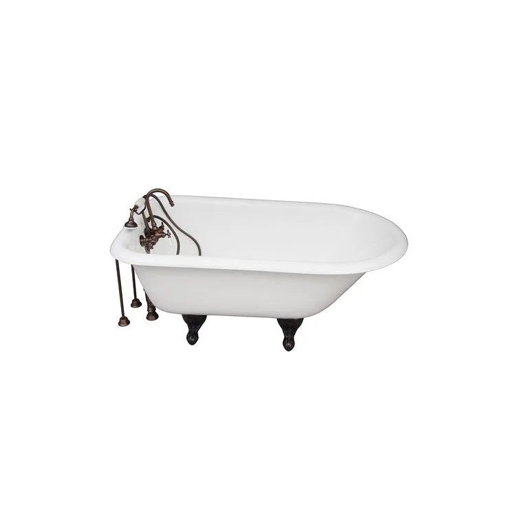 Tub Kit Antonio 55 Inch Cast Iron White Kit Includes Oil Rubbed Bronze Tub Filler with Telephone Style Handshower 24 Inch Double Offset Tub Supplies and Tub Drain Non-Skid Strips Ball and Claw Feet Gooseneck Spout Porcelain Lever Cradle Hose