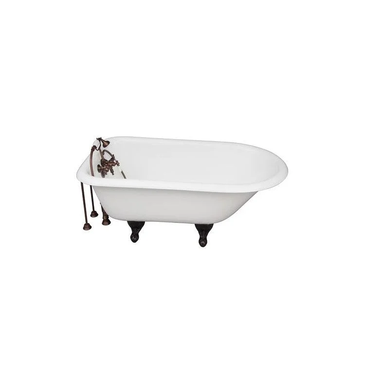 Tub Kit Antonio 55 Inch Cast Iron White Kit Includes Oil Rubbed Bronze Tub Filler with Telephone Style Handshower 24 Inch Double Offset Tub Supplies and Tub Drain Non-Skid Strips Ball and Claw Feet Old Style Spigot Porcelain Lever Cradle Hose