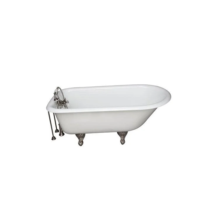 Tub Kit Antonio 55 Inch Cast Iron White Kit Includes Polished Nickel Tub Filler with Telephone Style Handshower 24 Inch Double Offset Tub Supplies and Tub Drain Non-Skid Strips Ball and Claw Feet Old Style Spigot Porcelain Lever Cradle Hose