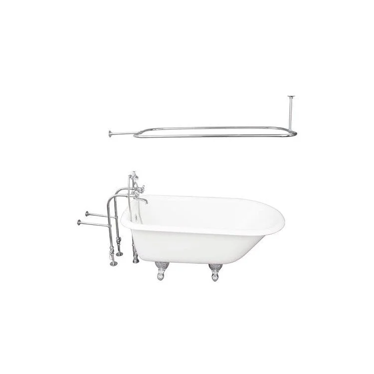 Tub Kit Antonio 55 Inch Cast Iron White Kit Includes Polished Chrome Tub Filler 48 Inch Rectangular Shower Rod 30 Inch Freestanding Tub Supplies and Tub Drain Non-Skid Strips Ball and Claw Feet Elephant Spout Metal Cross Cradle Hose