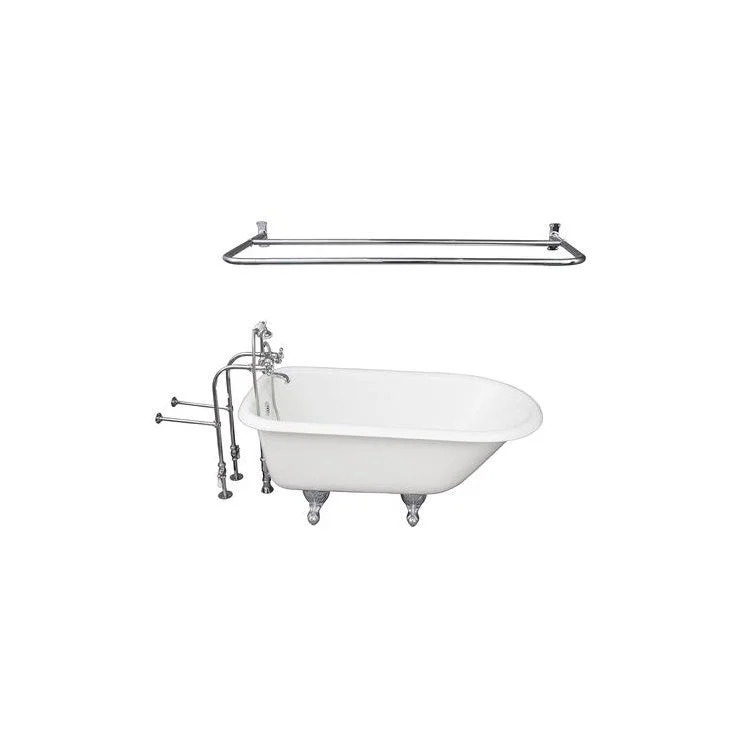 Tub Kit Antonio 55 Inch Cast Iron White Kit Includes Polished Chrome Tub Filler 48 Inch D Shower Rod 30 Inch Freestanding Tub Supplies and Tub Drain Non-Skid Strips Ball and Claw Feet Elephant Spout Metal Cross Cradle Hose