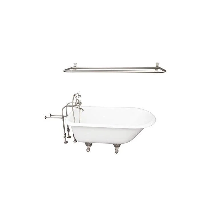 Tub Kit Antonio 55 Inch Cast Iron White Kit Includes Brushed Nickel Tub Filler 54 Inch D Shower Rod 30 Inch Freestanding Tub Supplies and Tub Drain Non-Skid Strips Ball and Claw Feet Elephant Spout Porcelain Lever Cradle Hose