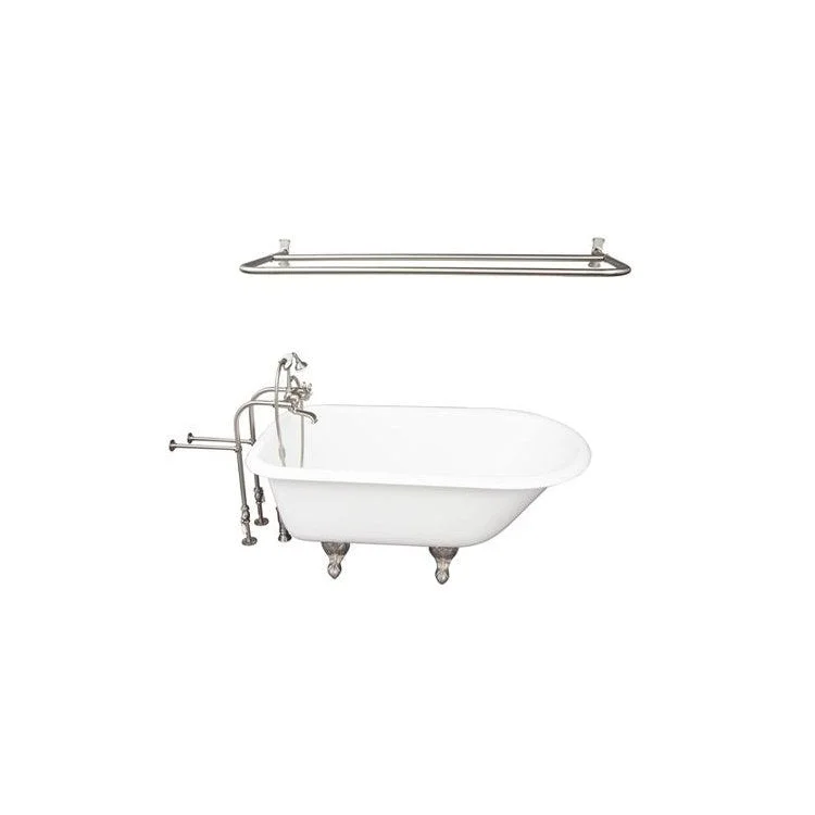 Tub Kit Antonio 55 Inch Cast Iron White Kit Includes Brushed Nickel Tub Filler 54 Inch D Shower Rod 30 Inch Freestanding Tub Supplies and Tub Drain Non-Skid Strips Ball and Claw Feet Elephant Spout Metal Cross Cradle Hose