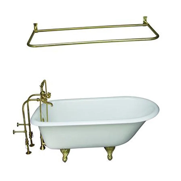 Tub Kit Bartlett 60 Inch Cast Iron White Kit Includes Polished Brass Tub Filler 54 Inch Shower Rod 30 Inch Freestanding Tub Supplies and Tub Drain Non-Skid Strips Ball and Claw Feet Elephant Spout Metal Cross Cradle Hose