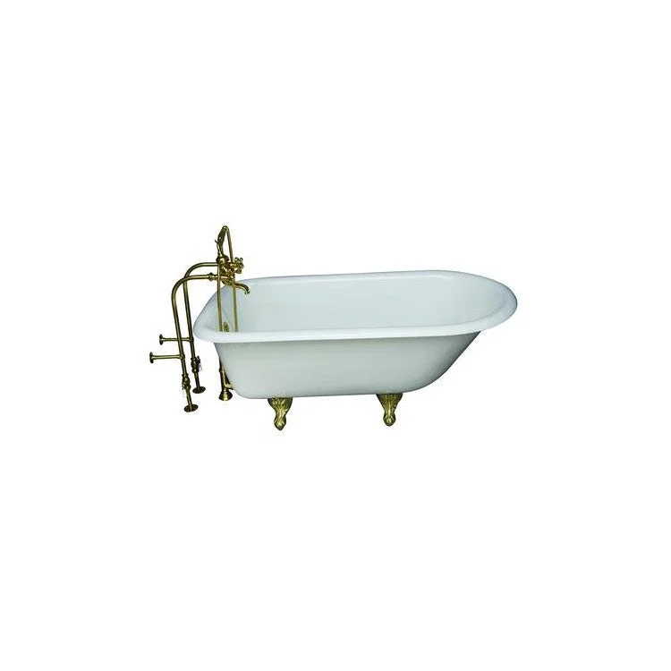 Tub Kit Bartlett 60 Inch Cast Iron White Kit Includes Polished Brass Tub Filler with Metal Handshower 30 Inch Freestanding Tub Supplies and Tub Drain Non-Skid Strips Ball and Claw Feet Elephant Spout Metal Cross Cradle Hose