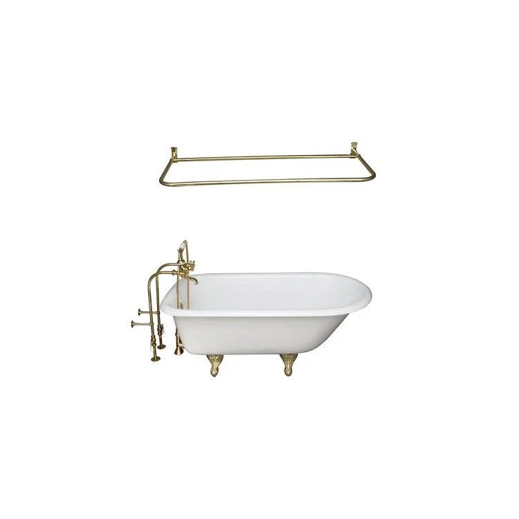 Tub Kit Brocton 68 Inch Cast Iron White Kit Includes Polished Brass Tub Filler 54 Inch Shower Rod 30 Inch Freestanding Tub Supplies and Tub Drain Non-Skid Strips Ball and Claw Feet Elephant Spout Metal Cross Cradle Hose