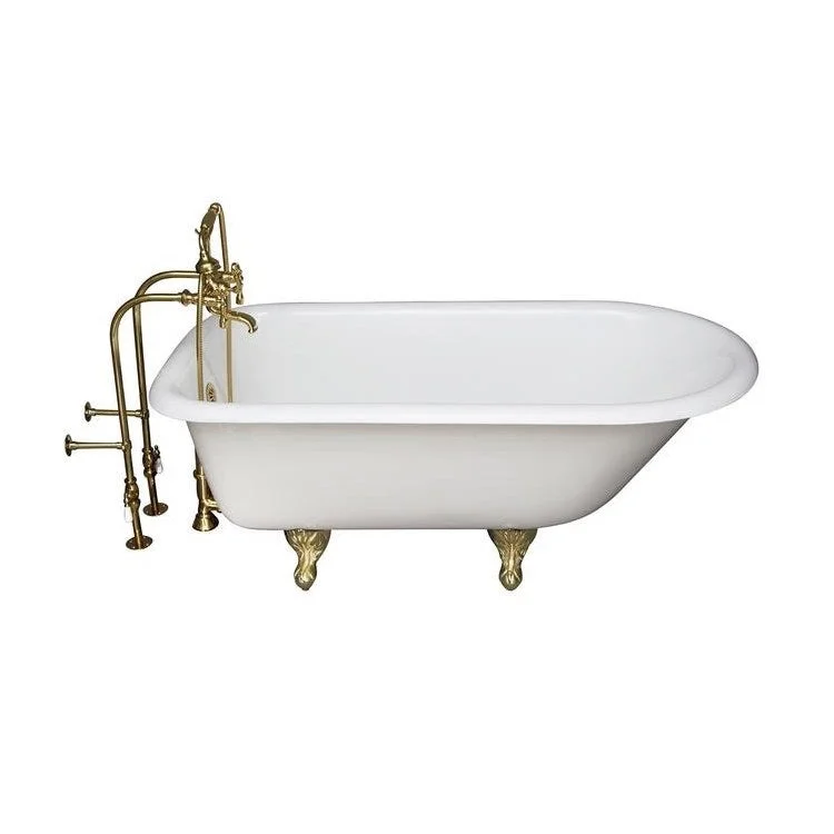 Tub Kit Brocton 68 Inch Cast Iron White Kit Includes Polished Brass Tub Filler with Handshower 30 Inch Freestanding Tub Supplies and Tub Drain Non-Skid Strips Ball and Claw Feet Elephant Spout Metal Cross Cradle Hose